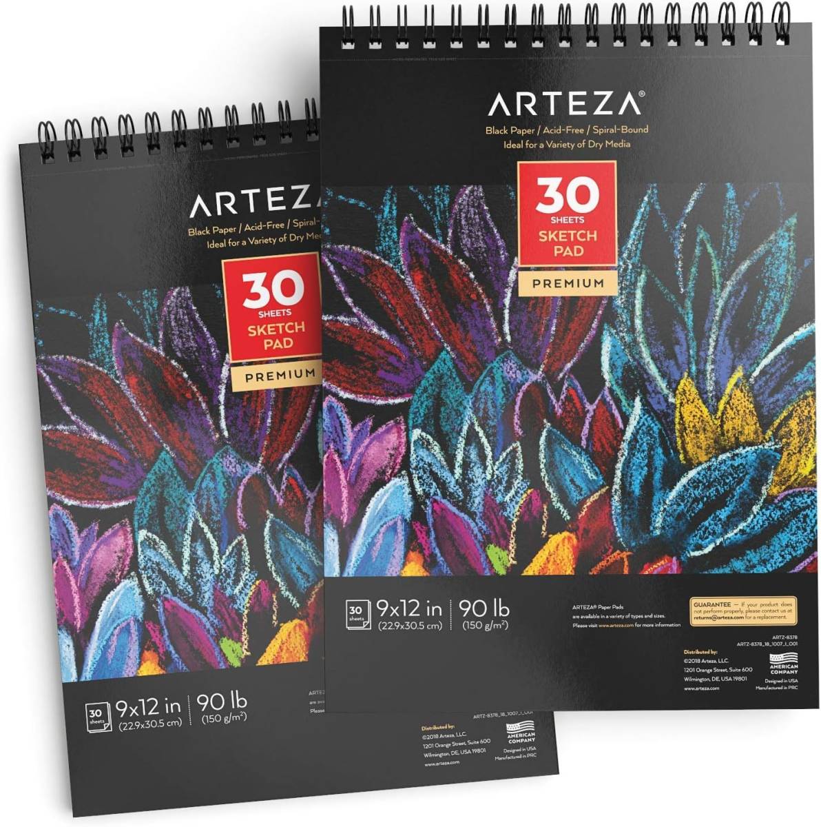 ARTEZA 2冊パック 9X12インチ 黒スケッチパッド 60枚（90lb/150gsm）各30枚 らせん綴り 厚紙 スケッチブック ブラック 用紙 マイクロ穿孔