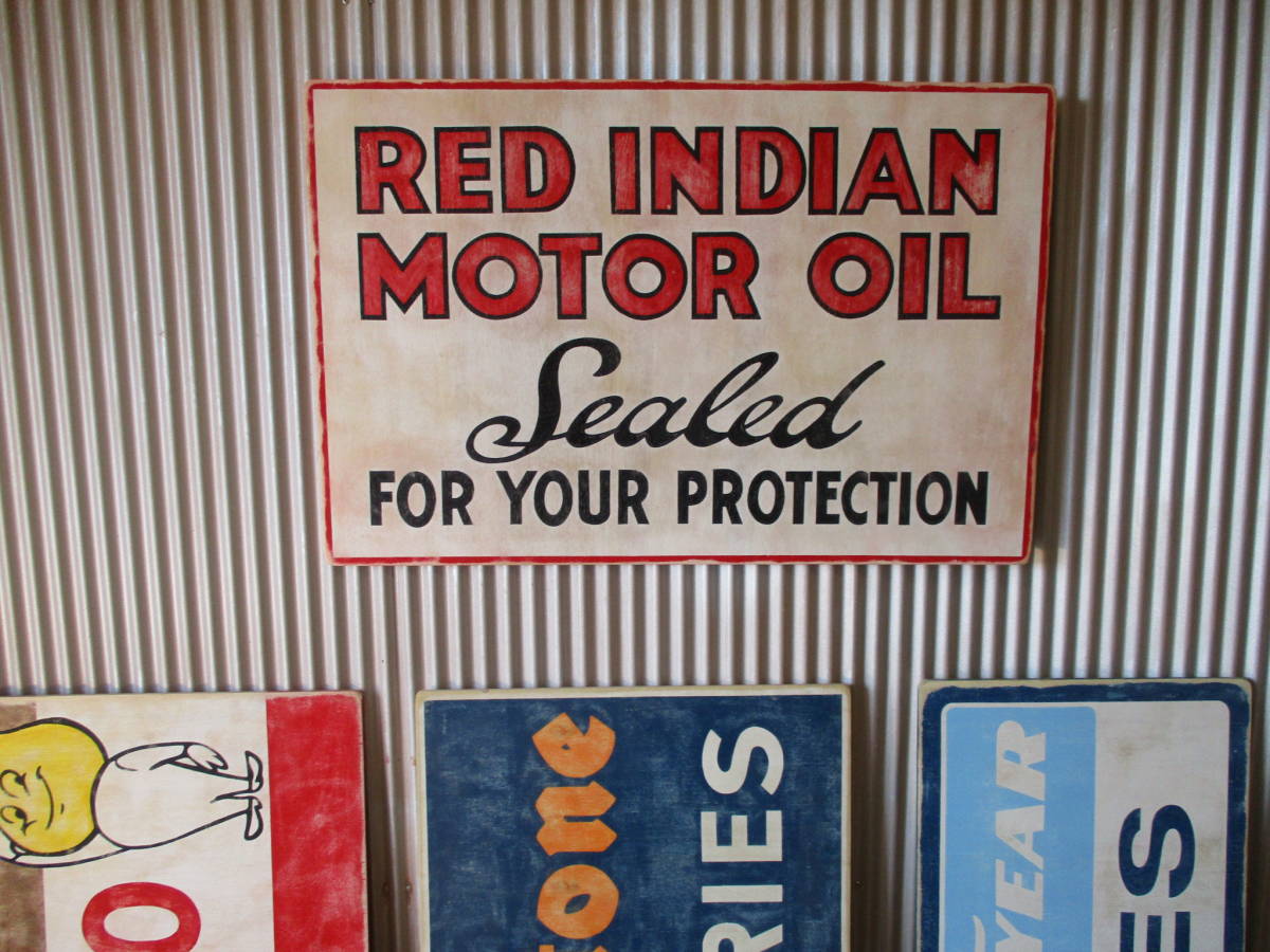  Vintage autograph wooden signboard RED INDIAN MOTOR OIL inspection ) Ad ba Thai Gin g. dealer . garage custom HARLEYFORDCHEVROLETUSA50s60s70s80s
