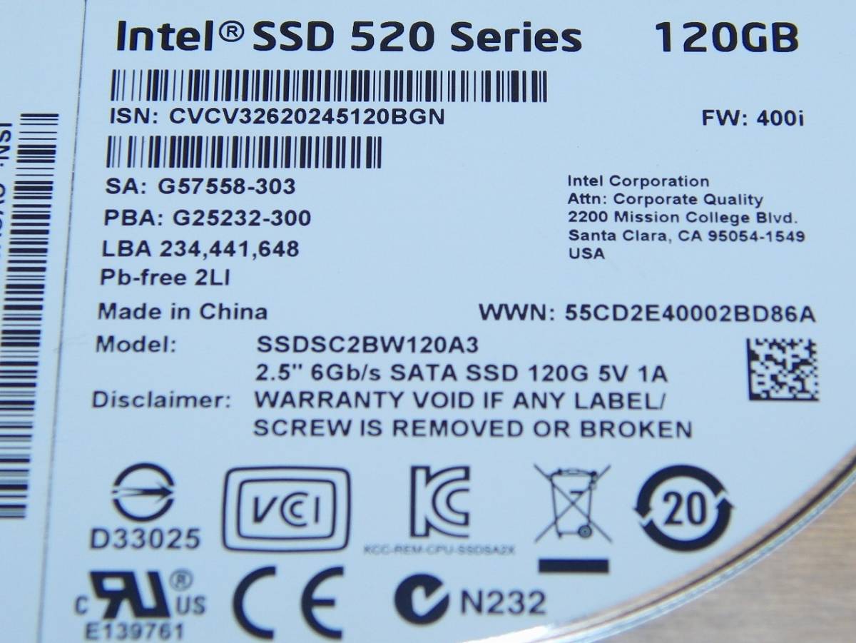 インテル intel SSD 520 Series　内蔵ハードディスクSSD　120GB　動作確認済　初期化済_画像5