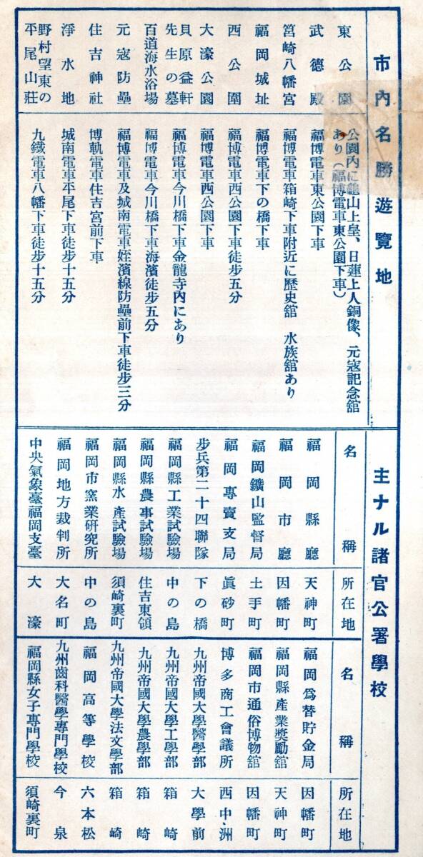 福岡市とその近郊遊覧地案内　福岡市観光協会　歩兵二十四聯隊・光雲神社・博多湾鉄線九鉄急行電車筑前参宮線篠栗線北九州鉄道等路線一部等_右上部補修跡あります