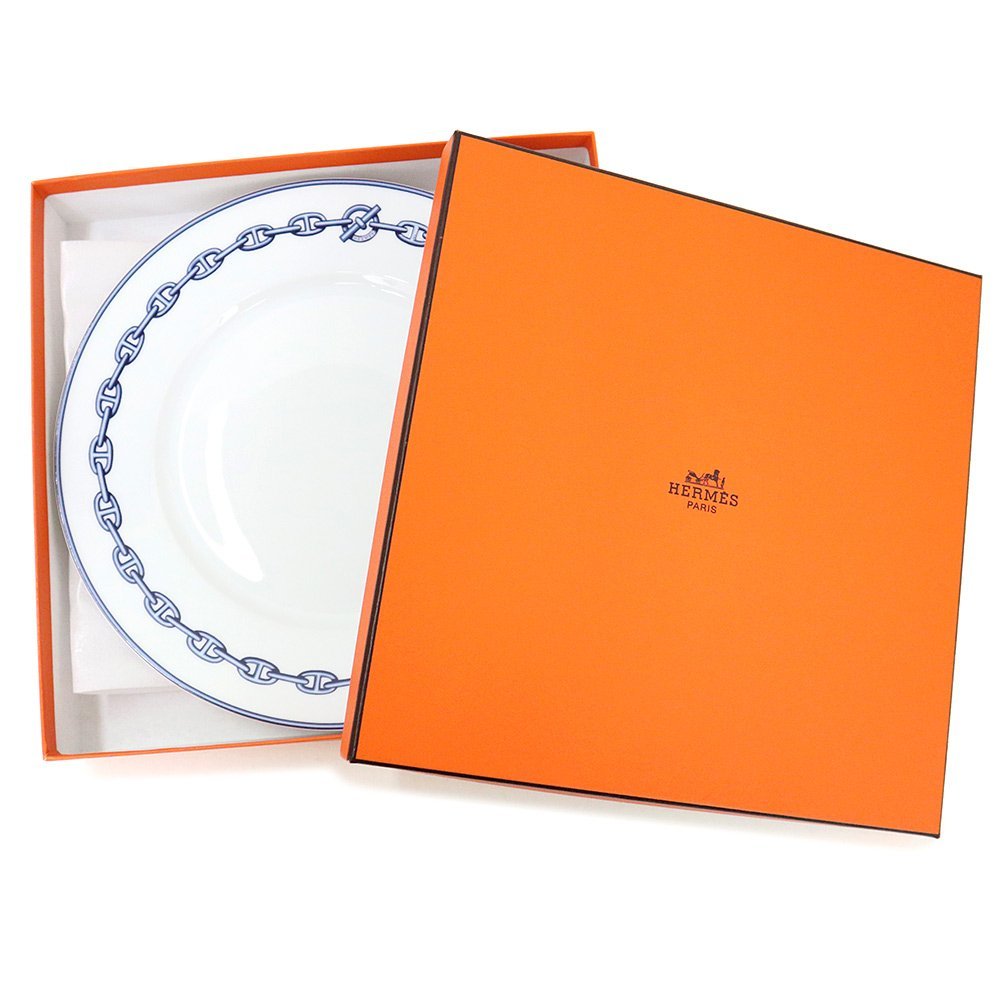 （未使用 展示品）エルメス HERMES シェーヌダンクル ディナープレート 皿 食器 陶磁器 ポーセリン ホワイト ブルー 27ｃｍ 白 青 箱付の画像2