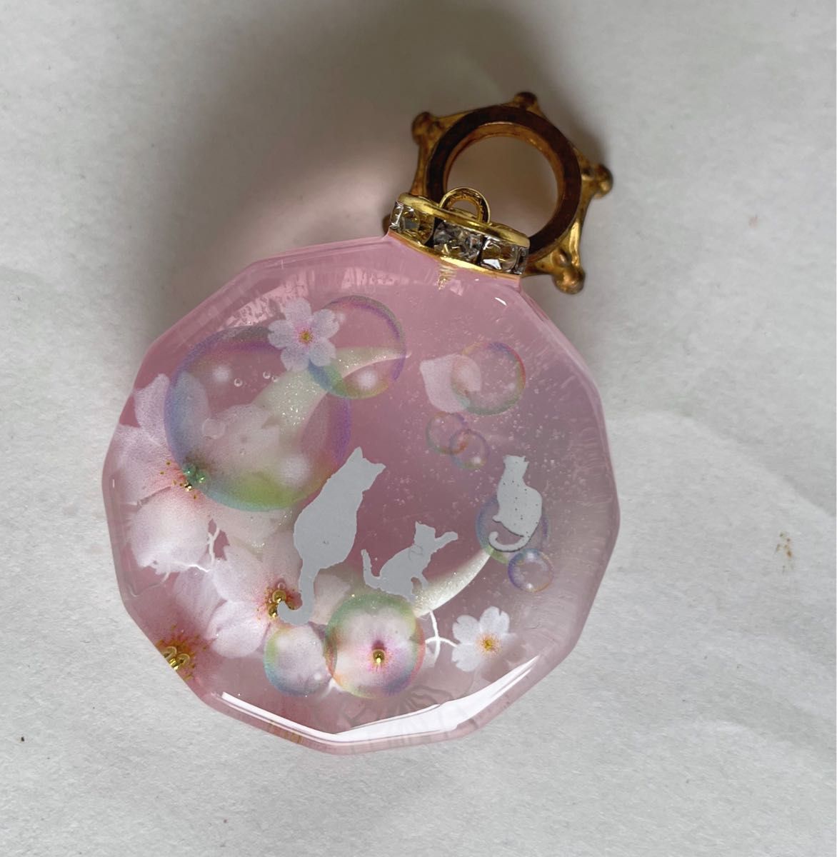 展示用/レジン/桜と親子猫 シャボン玉 蓄光 オルゴナイトネックレス