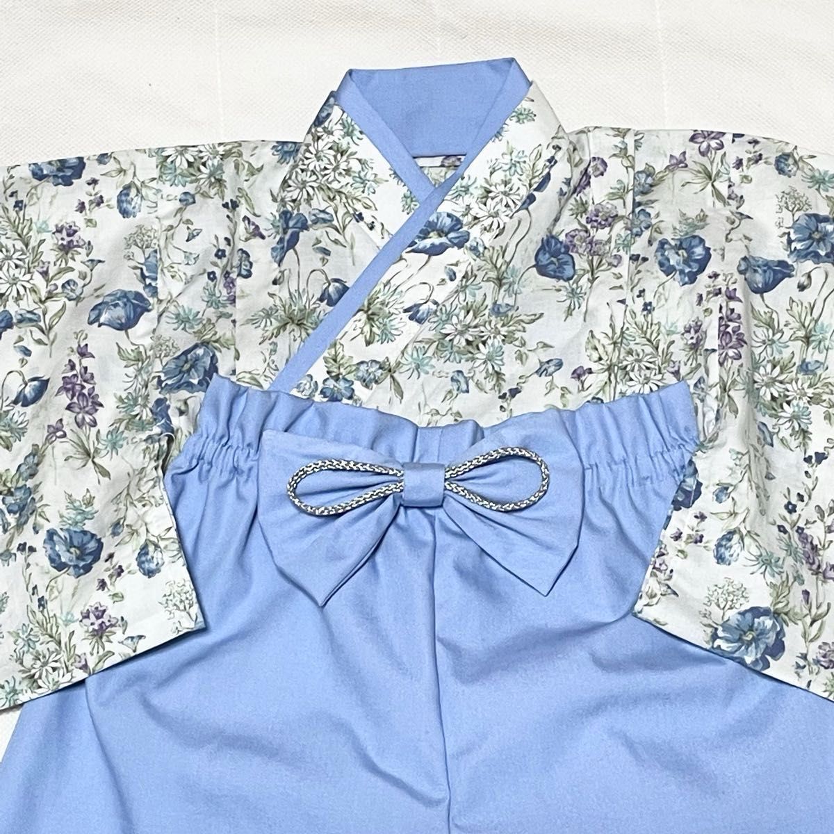 ベビー袴　ハンドメイド　ベビー着物　ブルー系花柄　水色　60 70 80サイズ