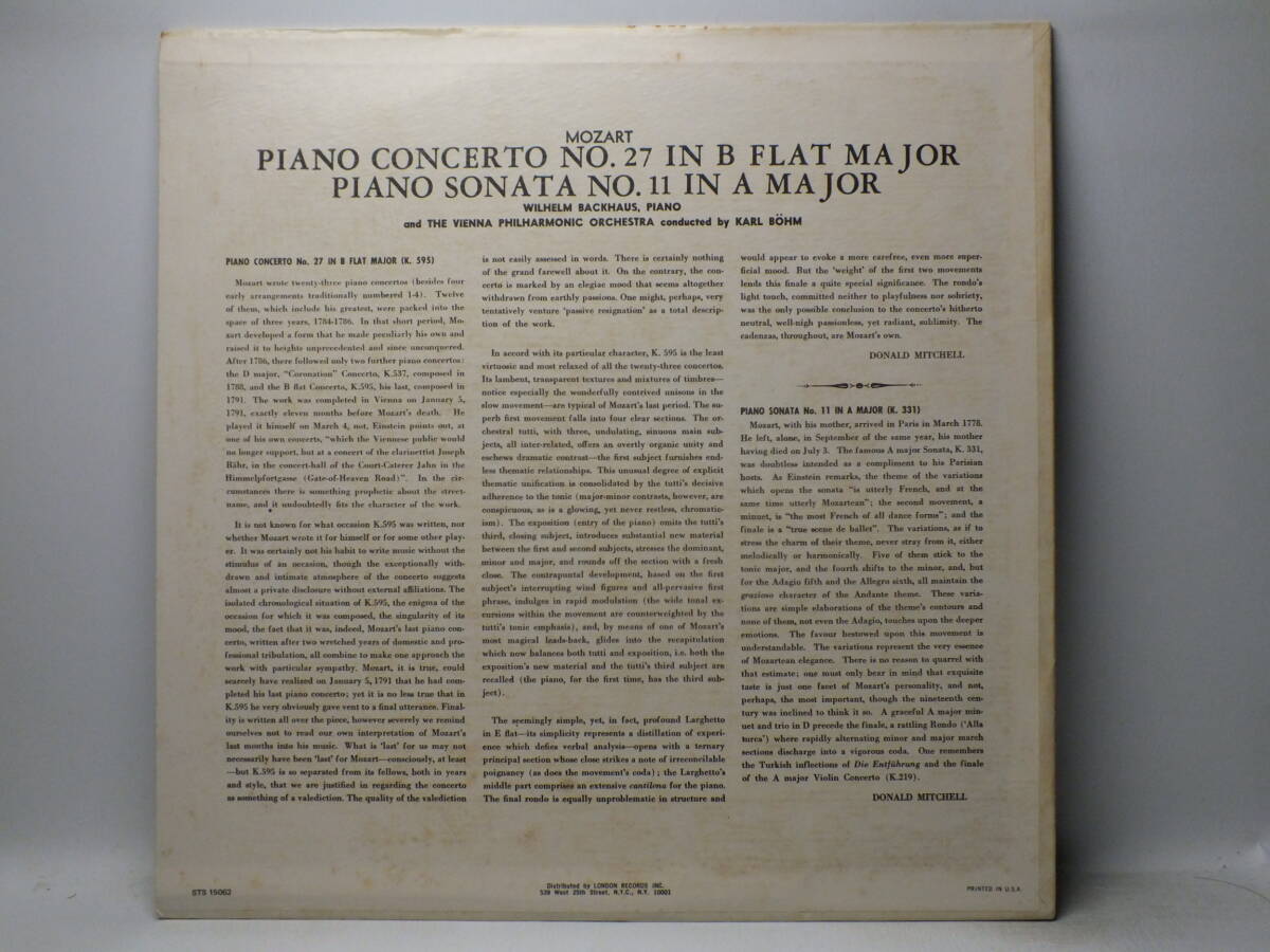 LP STS 15062 【ピアノ】ヴィルヘルム・バックハウス　カール・ベーム　モーツァルト　ピアノ協奏曲 【8商品以上同梱で送料無料】_画像3