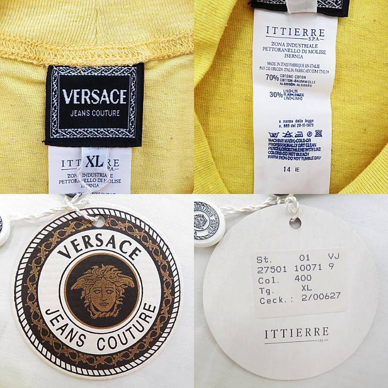 【新品】1,000円～ VERSACE JEANS COUTURE ヴェルサーチ 長袖Tシャツ リネン混 イエロー系 サイズXL [M4687]_画像7