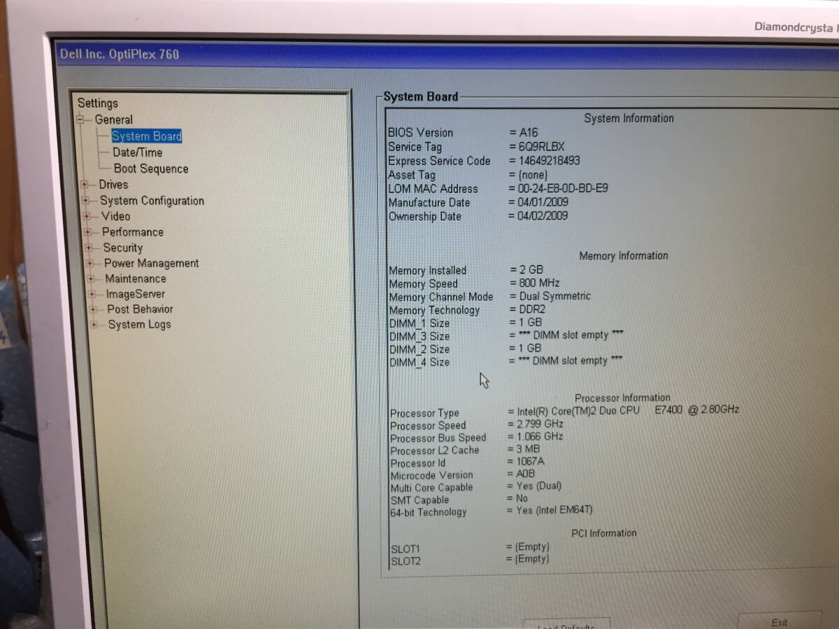 ☆DELL OPTIPLEX 760 デスクトップPC Core 2 Duo E7400 2.80GHz 2GB【BIOS確認/現状渡し】_画像9
