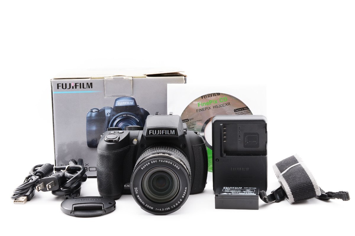Fujifilm FinePix HS30EXR 光学ズーム30倍 1600万画素 フルHD動画 [美品] 元箱 ストラップ CD-R バッテリー 充電器付き