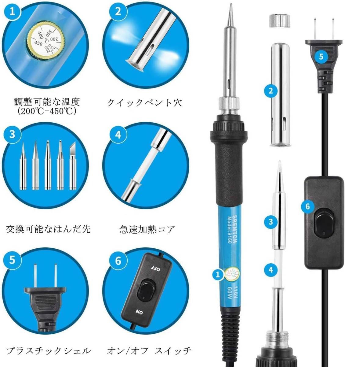 はんだこてセッ卜21-in-1温度調節可(200~450℃)ON/OFFスッチ60W/110V ポ-タプルバッグ付き電子作業_画像4