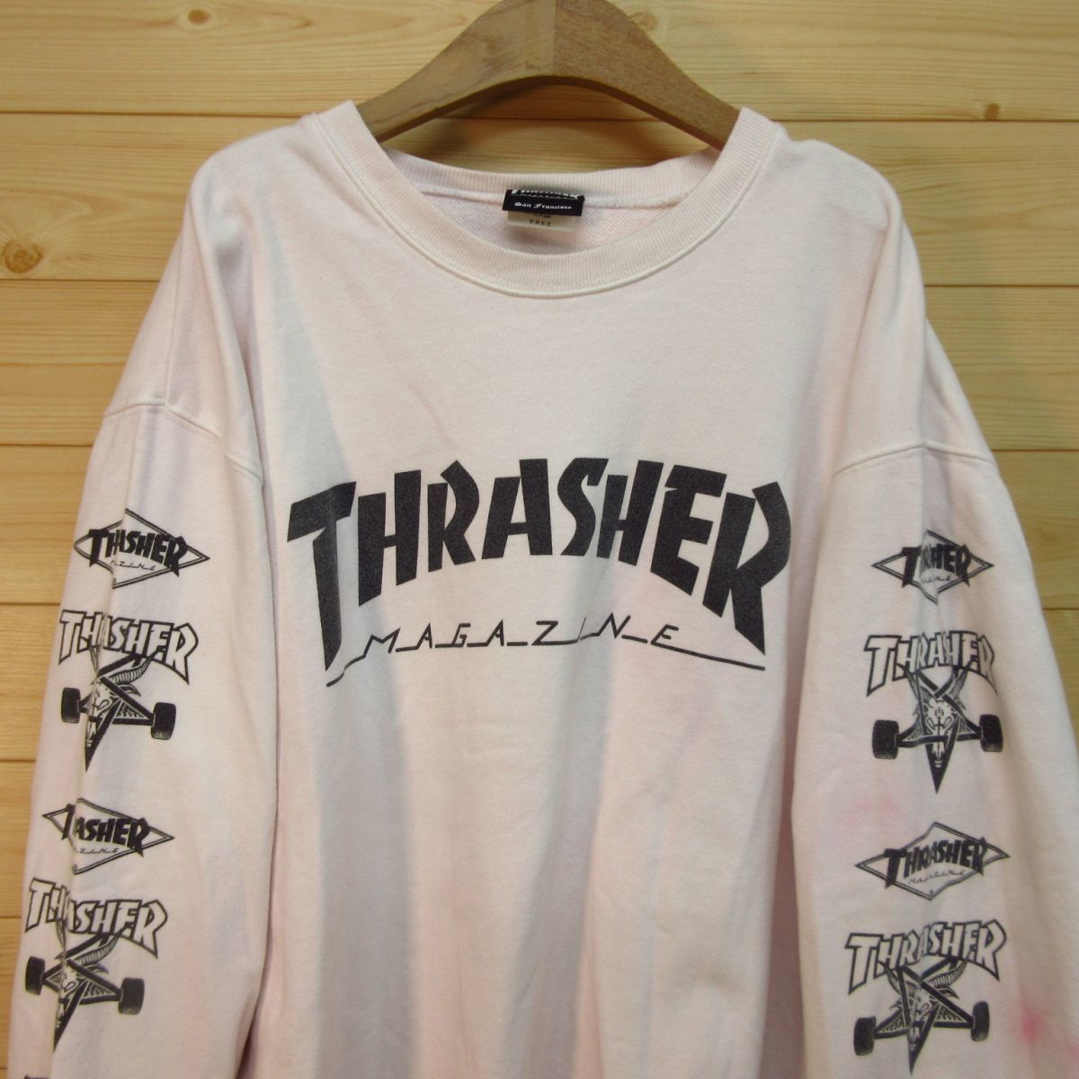 *THRASHER Thrasher * тяжелый to футболка тренировочный после окраска рукав Logo скейтборд ske-ta-* мужской розовый F размер *A3877
