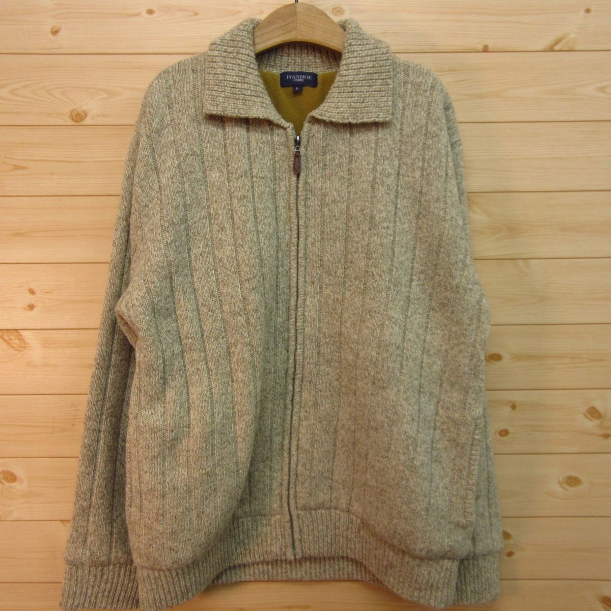 ◎美品！IVANHOE HOMME アイバンホー◆ニットジャケット ブルゾン ジップアップ 裏起毛 秋冬 あたたかい！◆メンズ ベージュ L◆A4137_画像1