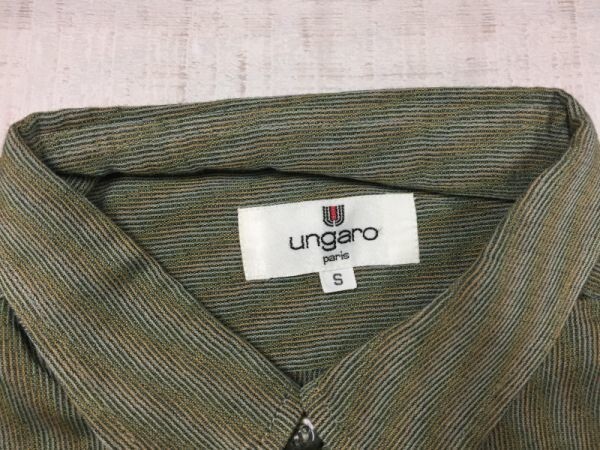 ウンガロ ungaro オールド レトロ 古着 ストライプ スモールカラー 長袖ドレスシャツ メンズ S カーキ_画像2