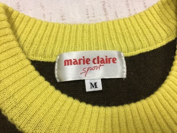 マリクレール marie claire モード シック 幾何学模様 クルーネック ジャガード ニットベスト レディース ウール100% M カーキ黄色_画像3