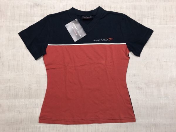 新品タグ付き オーストラリア製 アダムヒル ADAM HILL スーベニア Y2K 00's 半袖Tシャツ レディース Vネック L 紺赤_画像1