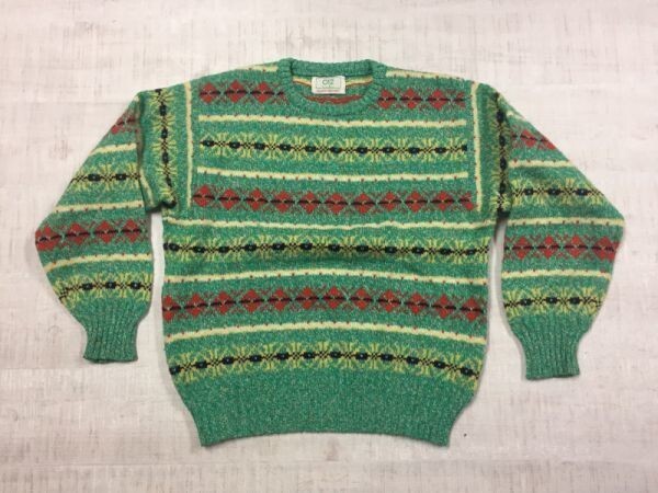 ITALY製 012 ベネトン Benetton オールド 90s 古着 ノルディック雪柄ジャガード ニット セーター ウール100% キッズ・レディース 140 緑_画像1