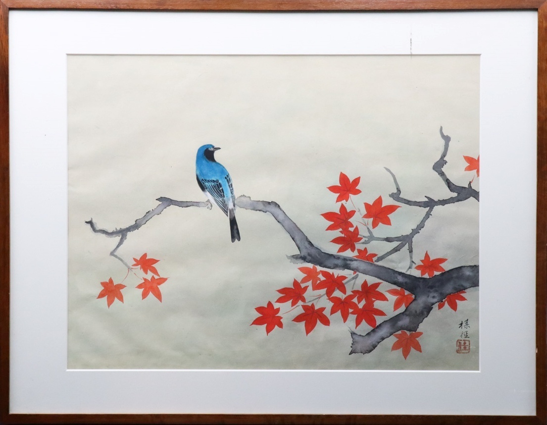 【宙】真作保証 山田楳径 花鳥画 日本画 約10号 落款有 額装 新興美術院理事 日本画院展・日本美術展出品 師：伊東深水 C2A10.i.3.2.F_画像1