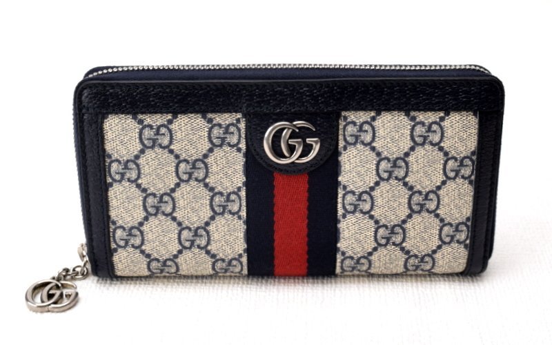 極美品 GUCCI グッチ 【GGマーモント オフィディア シェリーライン ラウンドファスナー 長財布 523154】ベージュ系×ネイビー系_画像1