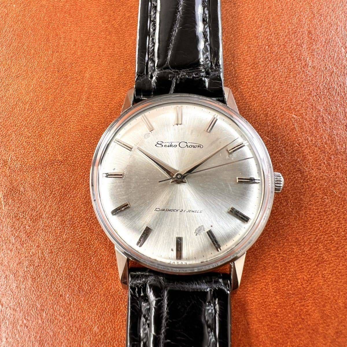 OH済! 極美品! SEIKO Crown 21石 クロコダイル本革手縫いベルト Dバックル付 セイコー クラウン 15013ED SS 手巻き 国産 ビンテージ 腕時計