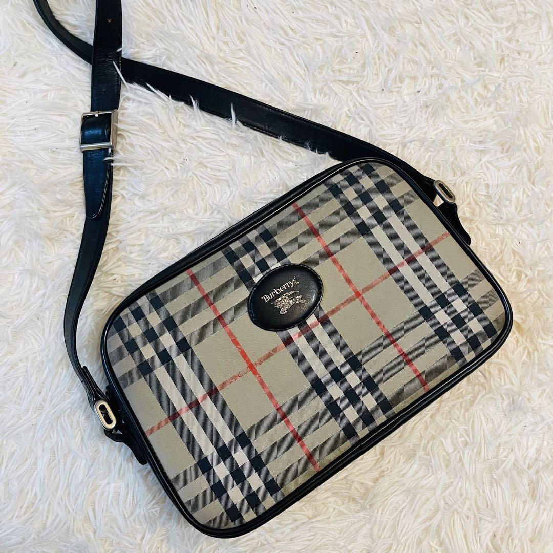 美品＊BURBERRY バーバリー セミショルダー カメラバッグ ワンハンド ノバチェック 肩掛け クロスボディ レザー シャドーホース ブラック_画像1