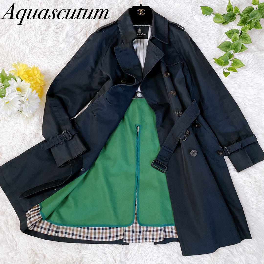 【現行タグ】Aquascutum　アクアスキュータム トレンチコート ライナー 黒 グリーン　ベルト完備　10 XL