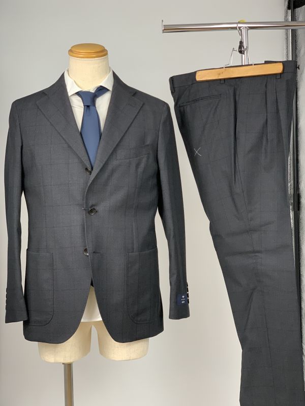 特価セール 定価9.4万 MARUZOTTO イタリア生地 ウール シングルスーツ AB6 ダークグレー チェック センターベント セットアップ 紳士服 120