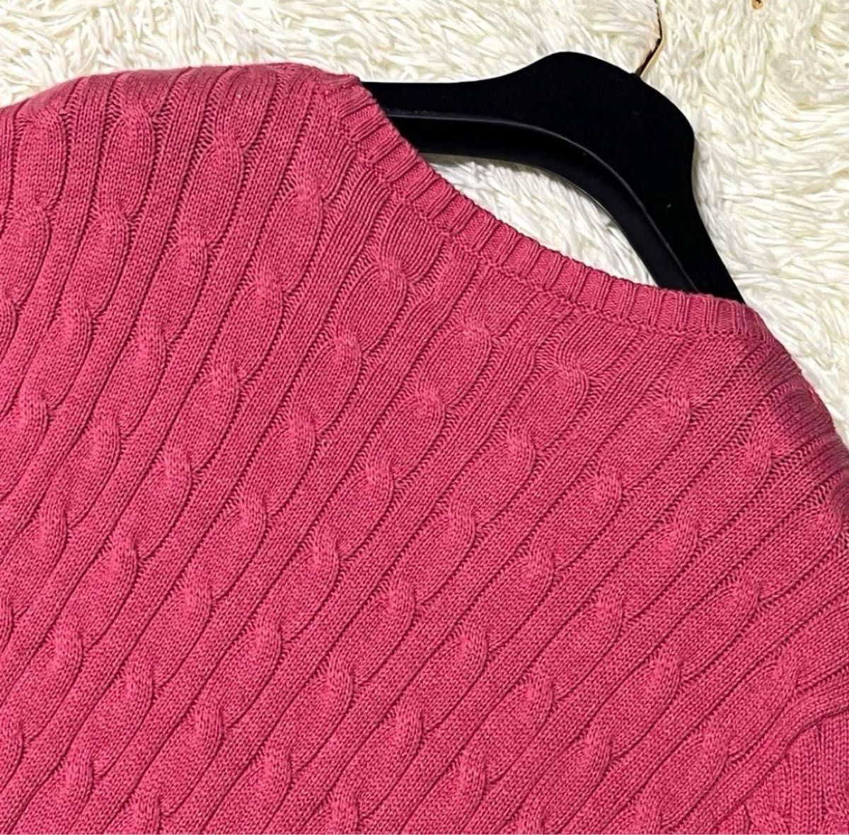 美品 ポロラルフローレン ケーブルニット ロゴ 刺繍 長袖 綿 ピンク XL POLO Lauren LAUREN レディース
