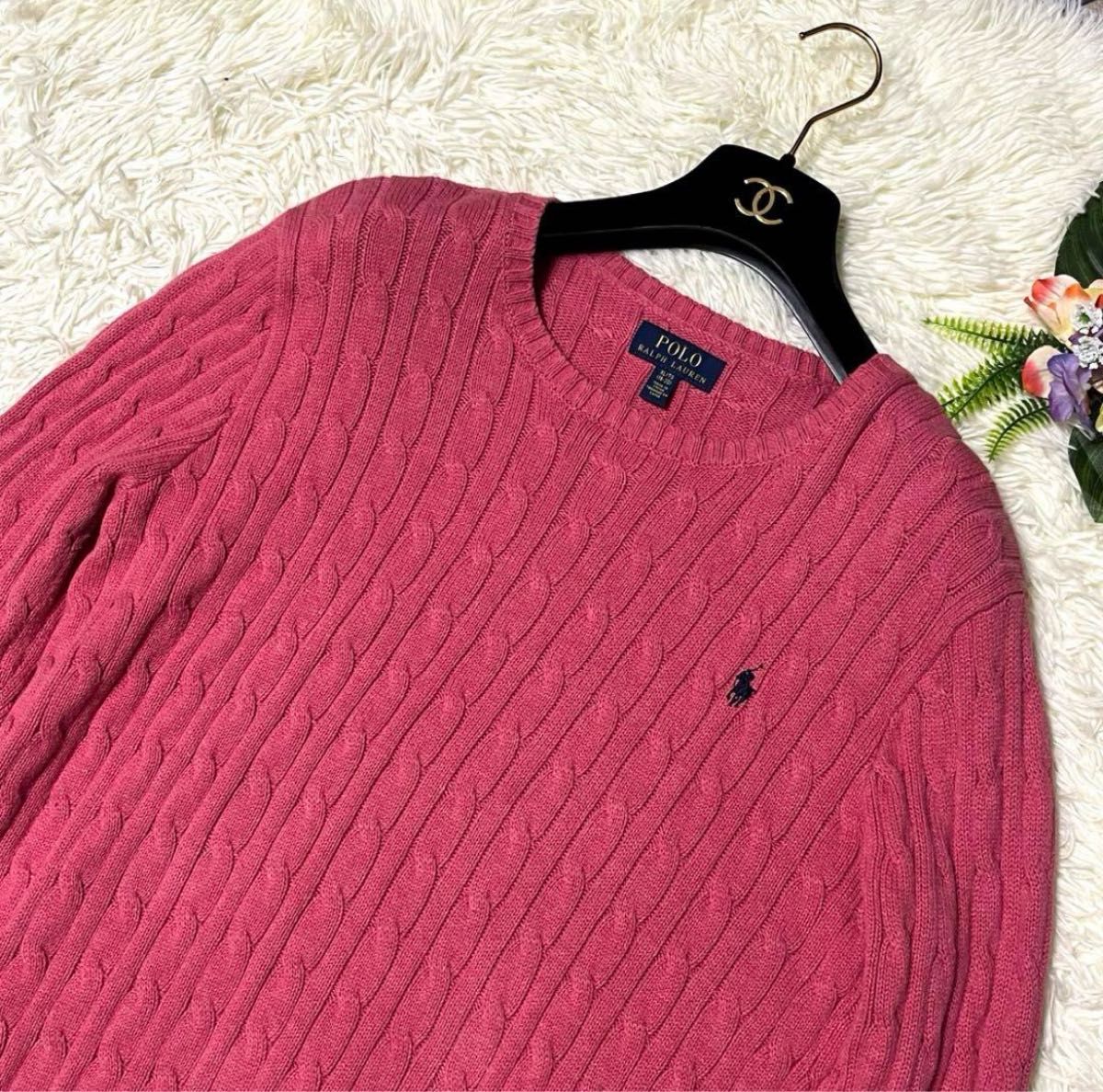 美品 ポロラルフローレン ケーブルニット ロゴ 刺繍 長袖 綿 ピンク XL POLO Lauren LAUREN レディース