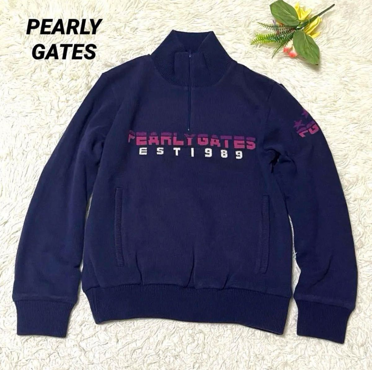 パーリーゲイツ PEARLY GATES ハーフジップ ニット ゴルフウエア ウール デカロゴ 紺 4