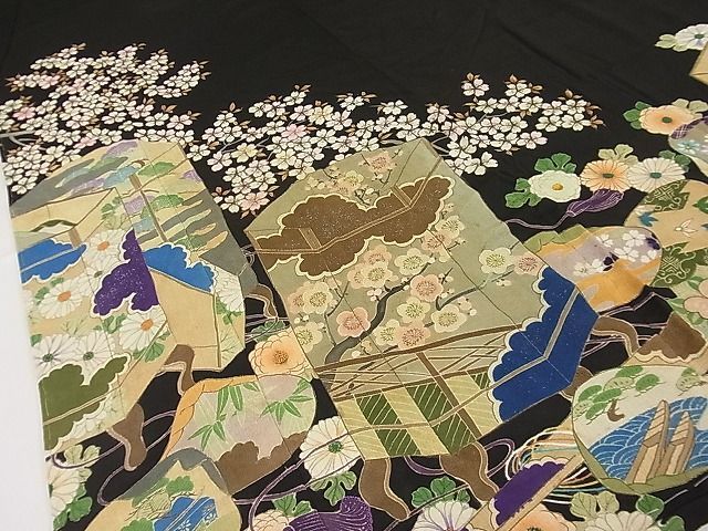 平和屋1■極上 アンティーク 大正ロマン 振袖 相良刺繍 貝桶貝合わせ枝花文 黒地 金糸 逸品3s20767の画像4