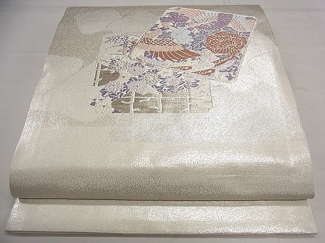 平和屋1■九寸開き名古屋帯　唐織　色紙重ね鳳凰花文　銀糸　逸品　vf5007_画像1