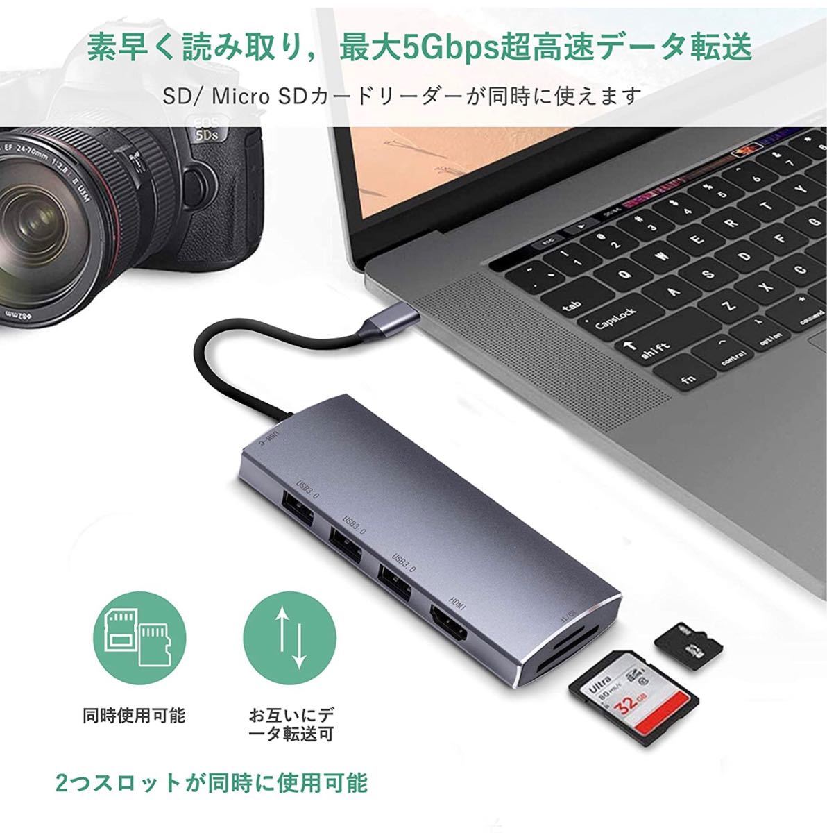 USB Type-Cハブ 7-in-1 USB-C ドッキングステーション USB3.0ポート*3 & 4K解像度HDMI出力ポート*1 & PD急速充電