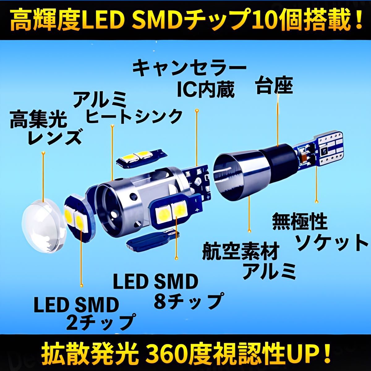 T10LEDバルブ ホワイト 24V 爆光 10連 CANBUS キャンセラー ポジション ナンバーメーター T16 10個セット