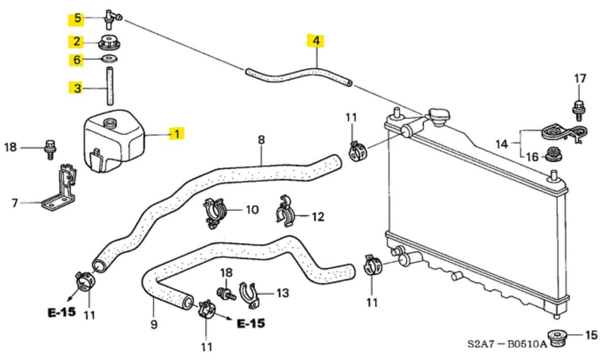 ホンダ純正 S2000 AP1 AP2 ラジエータリザーブタンク 6点セット ラジエター HONDA_色が付いている部品6点セット