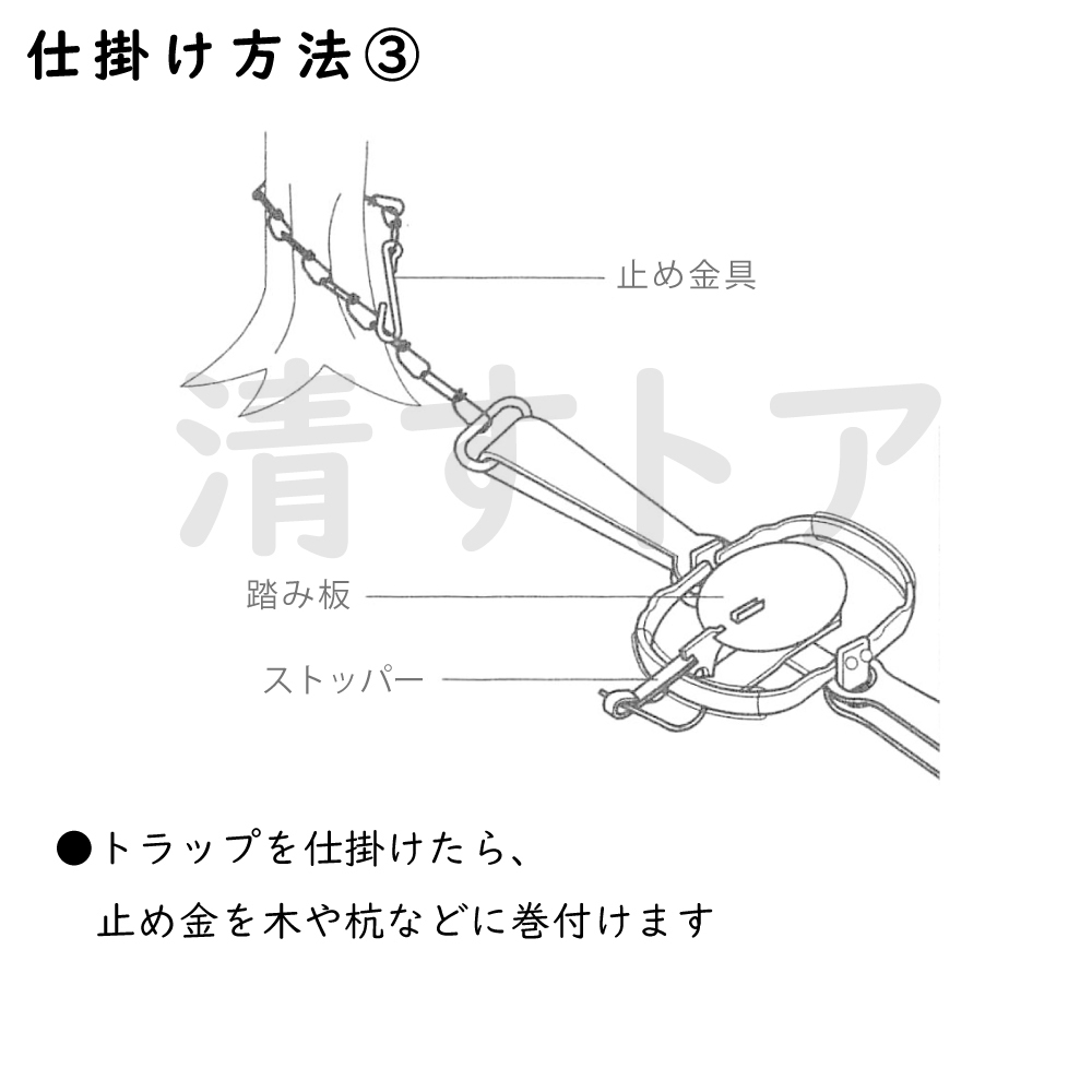 [送料無料] 動物トラップ 2号×3個(1個あたり2860円) ビニールパット付 捕獲器 タヌキ キツネ等の中動物用 罠 国産トラバサミ 寅鋏み_画像8