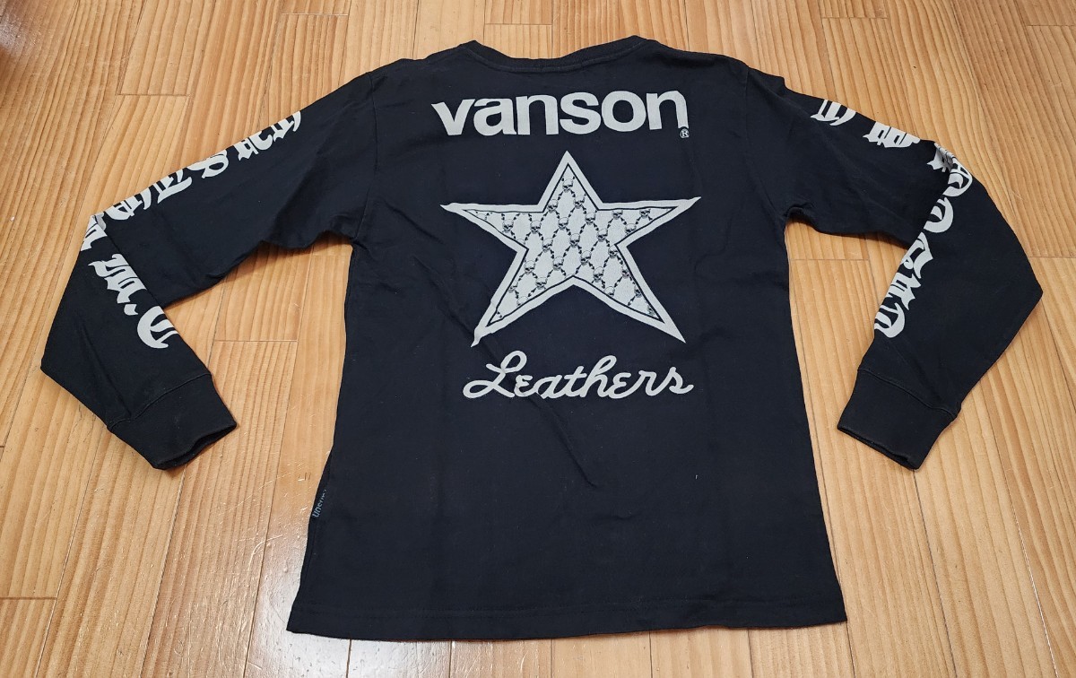 即決 早い者勝ち【VANSON/バンソン】VANSONのロゴがラインストーン 黒/ サイズS 両袖にもロゴプリント 背中にワンスター/星プリント _画像1