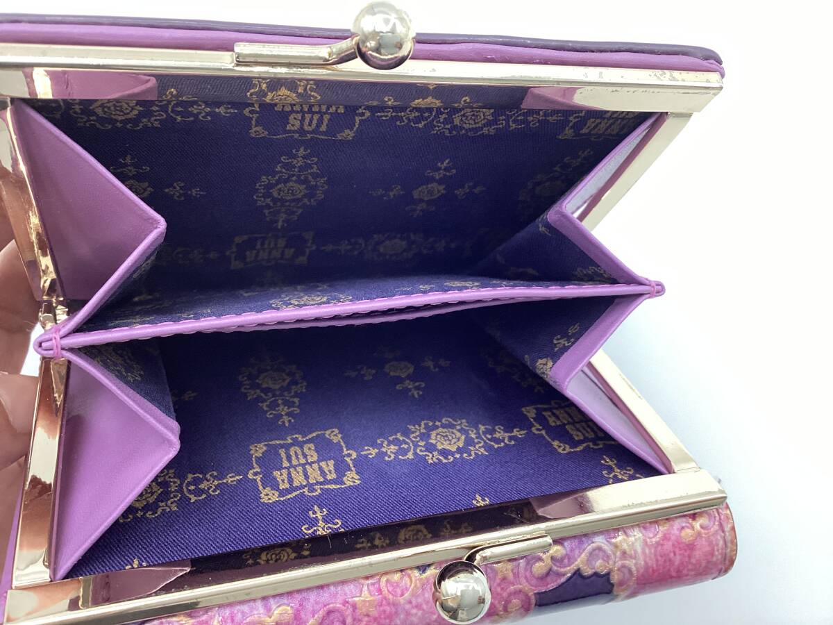 【621①】中古 ANNA SUI アナスイ リム 三つ折り財布 がま口 小銭入れ付 パープル 紫 レザー 革 エナメル 財布 レディース_画像8