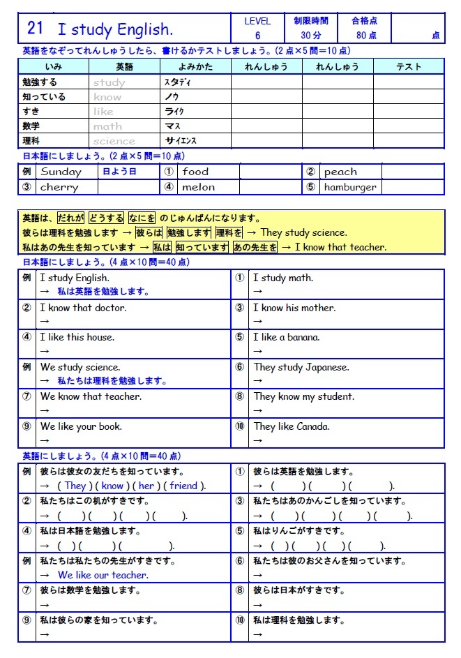 学び道場の【キッズ中級英語マスター】小学生向け英語教材★楽しく学習★一般動詞・三人称単数・疑問詞・英単語★WORD版とPDF版を収録◎_LEVEL6では一般動詞と複数形を学習します◎