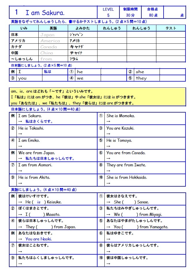 学び道場の【キッズ中級英語マスター】小学生向け英語教材★楽しく学習★一般動詞・三人称単数・疑問詞・英単語★WORD版とPDF版を収録◎_LEVEL5ではbe動詞を復習します◎