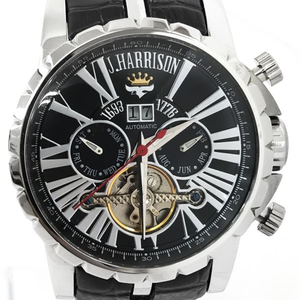 新品 J.HARRISON ジョンハリソン 腕時計 JH-003 自動巻き アナログ ラウンド ブラック シルバー スケルトン カレンダー 格好良い 箱付き