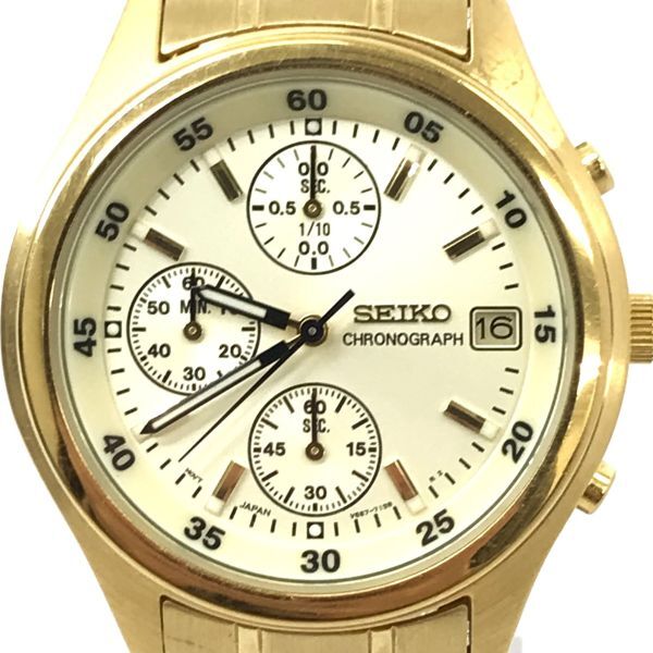SEIKO セイコー 腕時計 V657-7100 クオーツ アナログ ラウンド ゴールド クロノグラフ カレンダー 蓄光 電池交換済み 動作確認済み_画像1