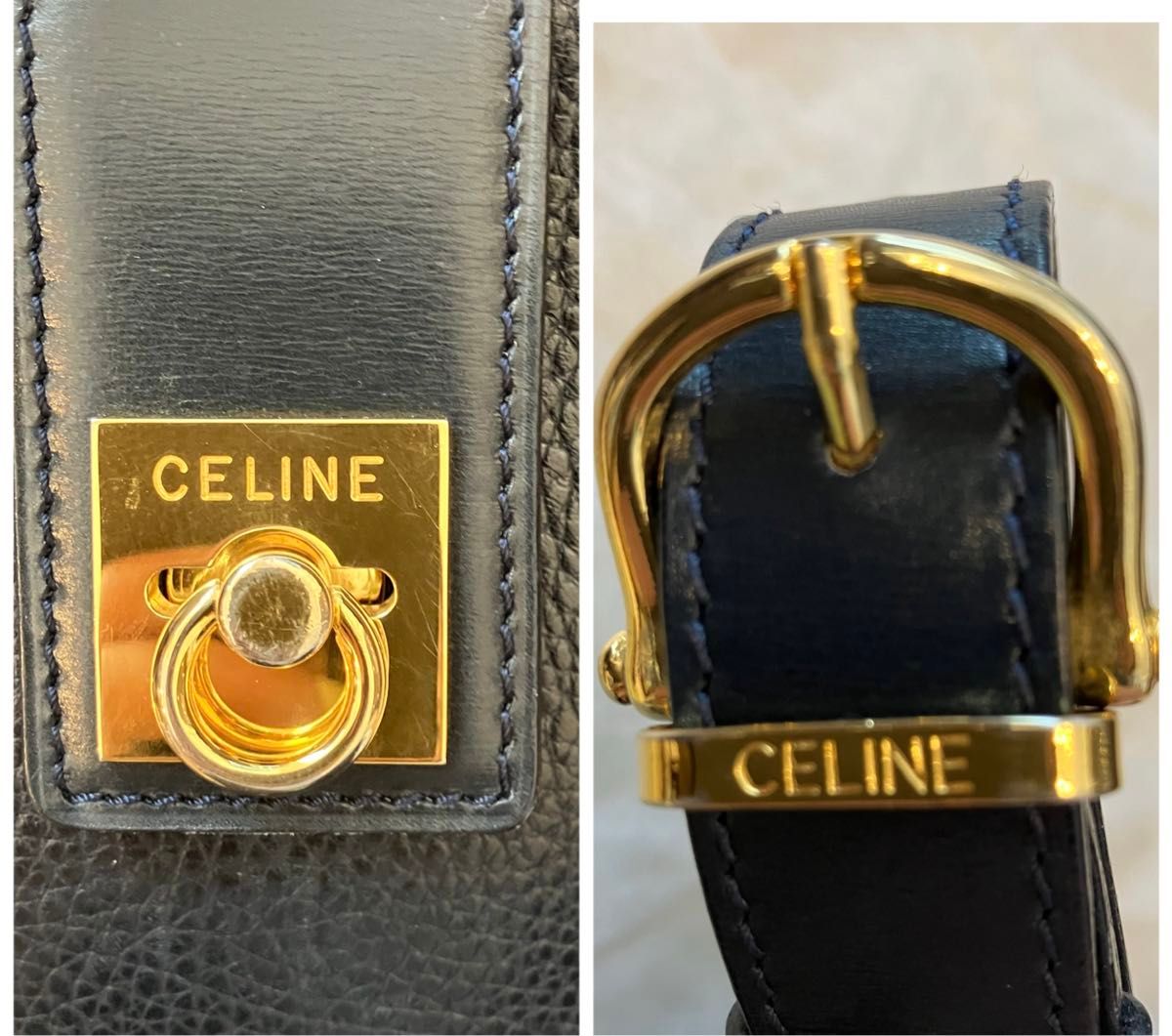 【GW値下げ中！】セリーヌ CELINE ヴィンテージ  ショルダーバッグ／リング金具／濃紺／ レザー／希少／クーポン・値下げ可