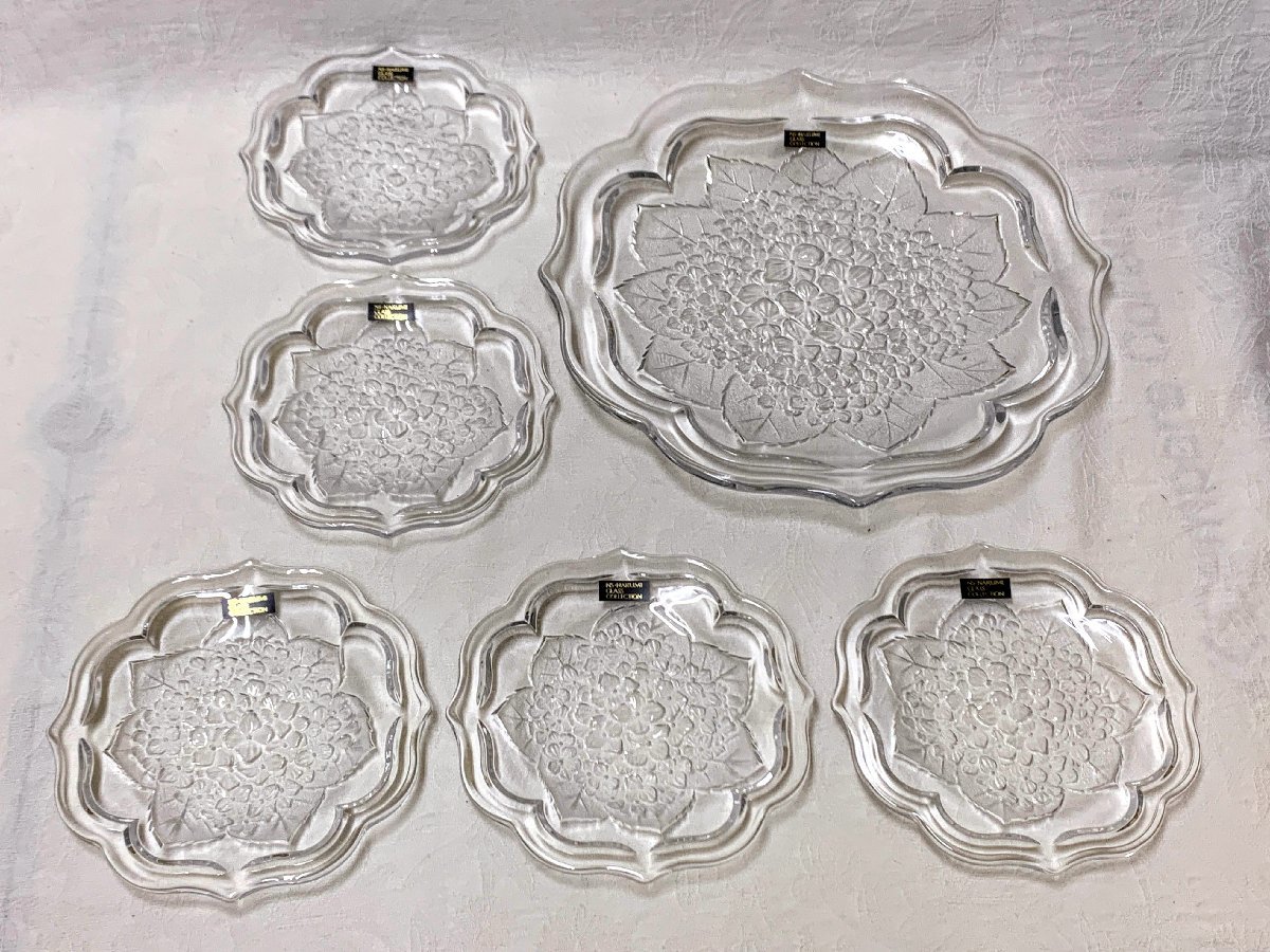 13504/NS-NARUMI GLASS パーティーセット 大皿・銘々皿５枚 未使用 紙箱 硝子食器 デッドストック_画像2
