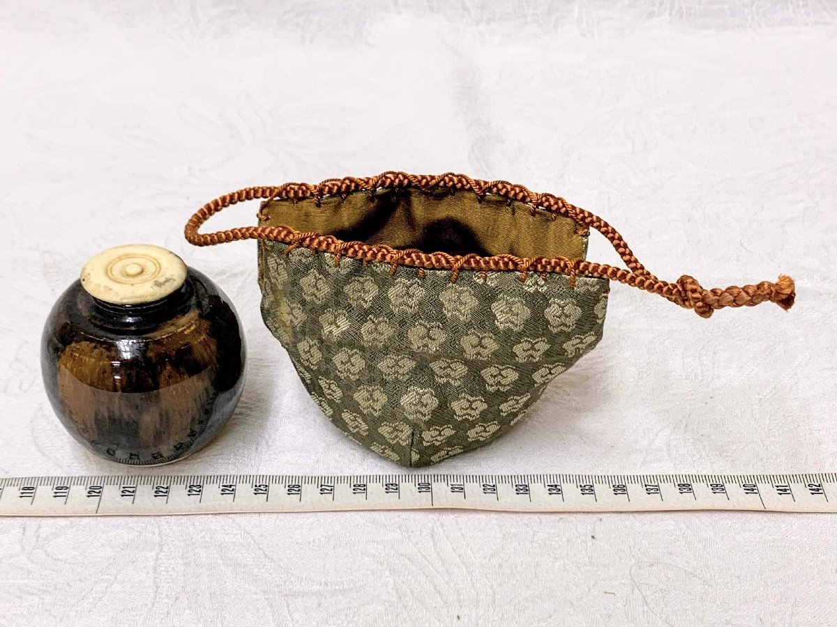 13572/京都袋師遺品 文琳 茶入 仕覆付 茶道具 茶器 名物裂 陶器_画像1