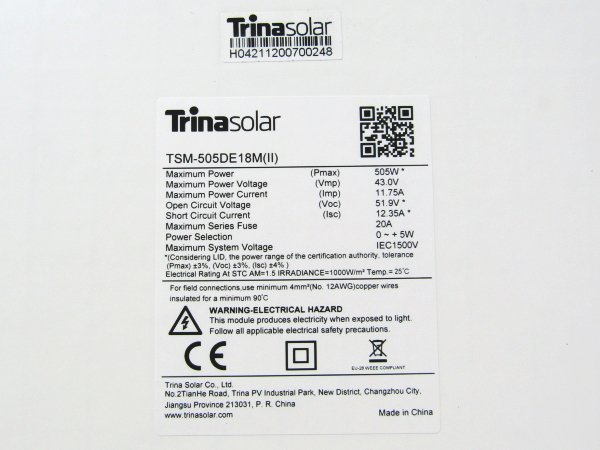 ■新品■未使用品■Trina Solar■TSM-505DE18M(II)■Vertex■総3030W■ソーラーパネル/太陽光モジュール■6枚セット■23万■khhn2312m_画像5