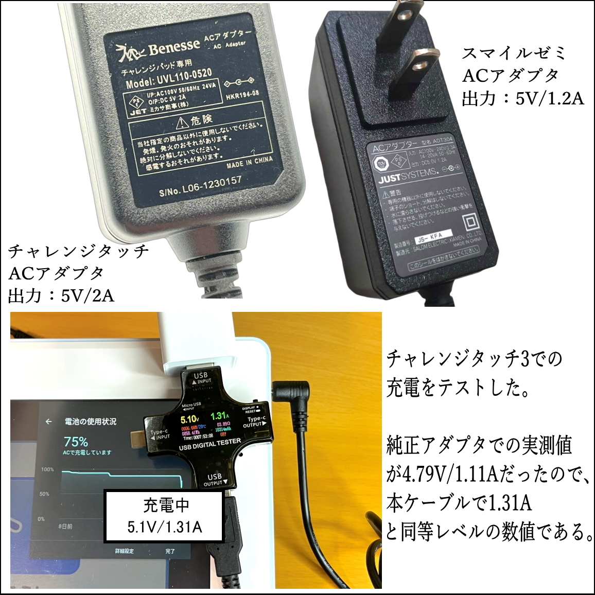 DC-USB電源供給ケーブル チャレンジタッチ スマイルゼミ バンダイ セガトイズ USB(A)(オス)⇔DC(4.0/1.7)(オス)L字型プラグ 5V/2A 1.2m_画像3