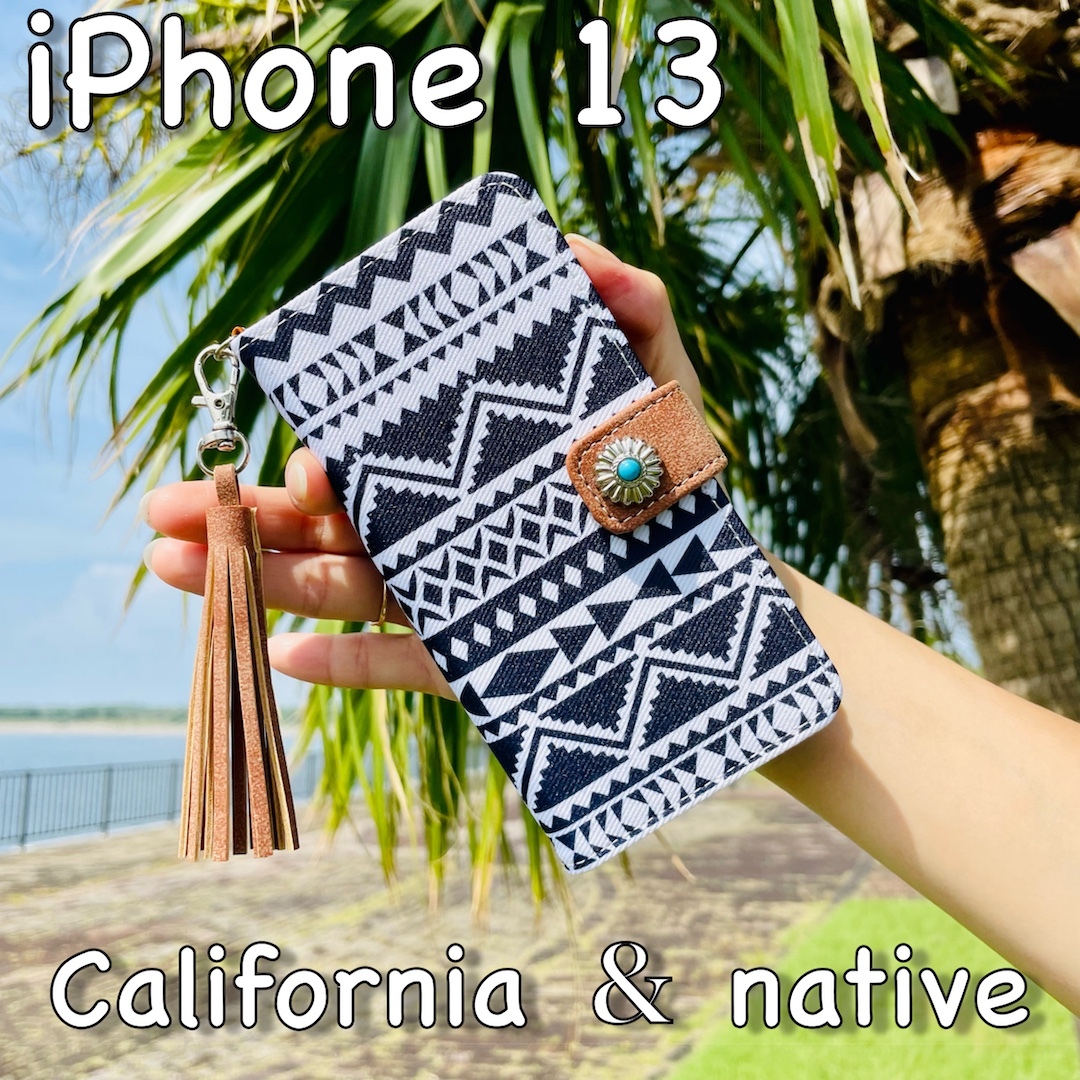iPhone 13 レザーケース☆カリフォルニアスタイル/ネイティブ&コンチョ☆アイフォン手帳型カバー☆_画像1