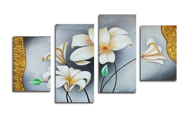超可爱の 【受注制作】アートパネル　『白い花Ⅴ』　35x70cm他、計4枚組　手書き ファブリックパネル