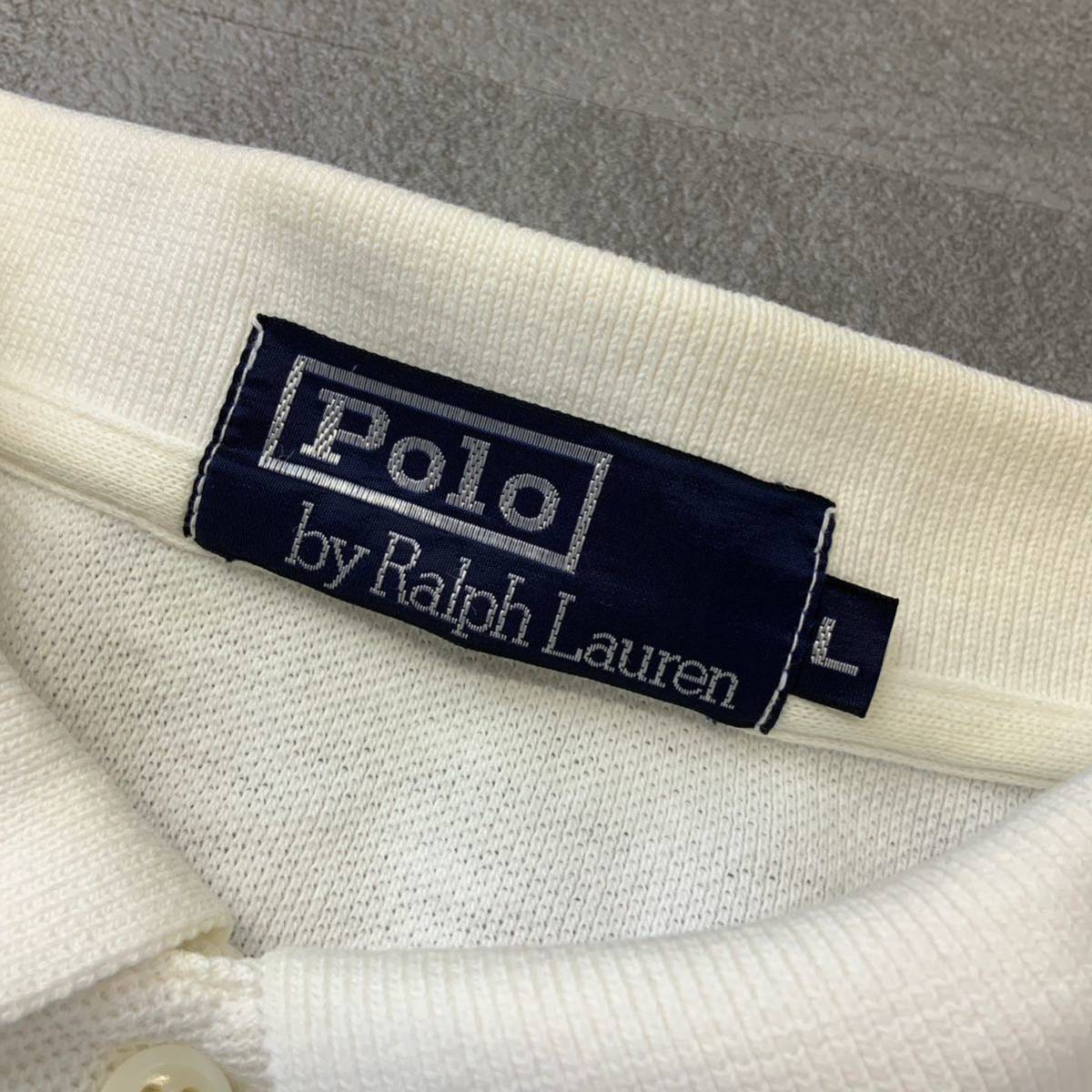 POLO by Ralph Lauren ポロ ラルフローレン 長袖 鹿子 ポロシャツ ワンポイントポニー刺繍 メンズ Lサイズ ホワイト ネイビー_画像8