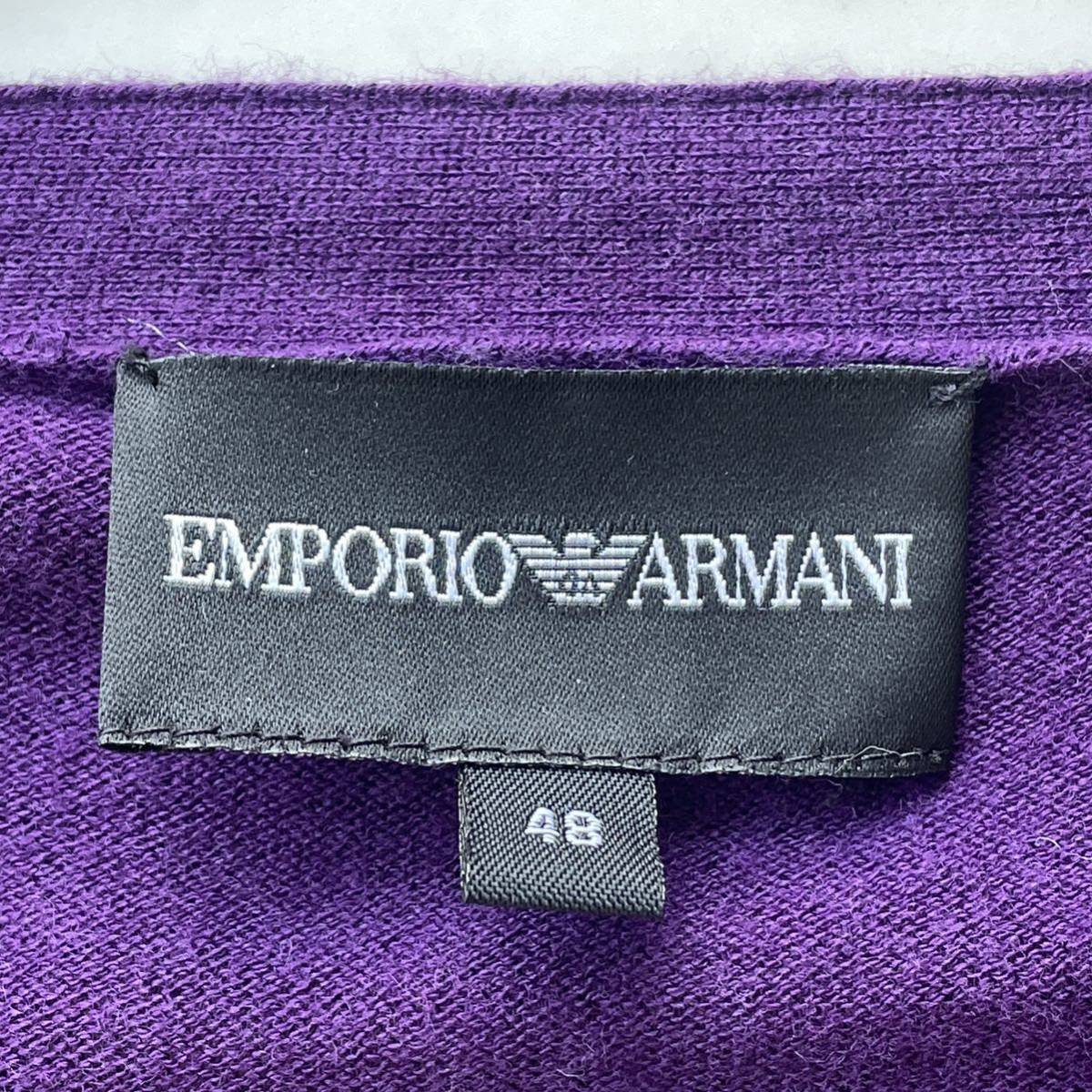 美品■EMPORIO ARMANI エンポリオ アルマーニ 48 L メリノウール Vネック ニット セーター 薄手 ハイゲージ 刺繍ロゴ パープル 紫 メンズ _画像6