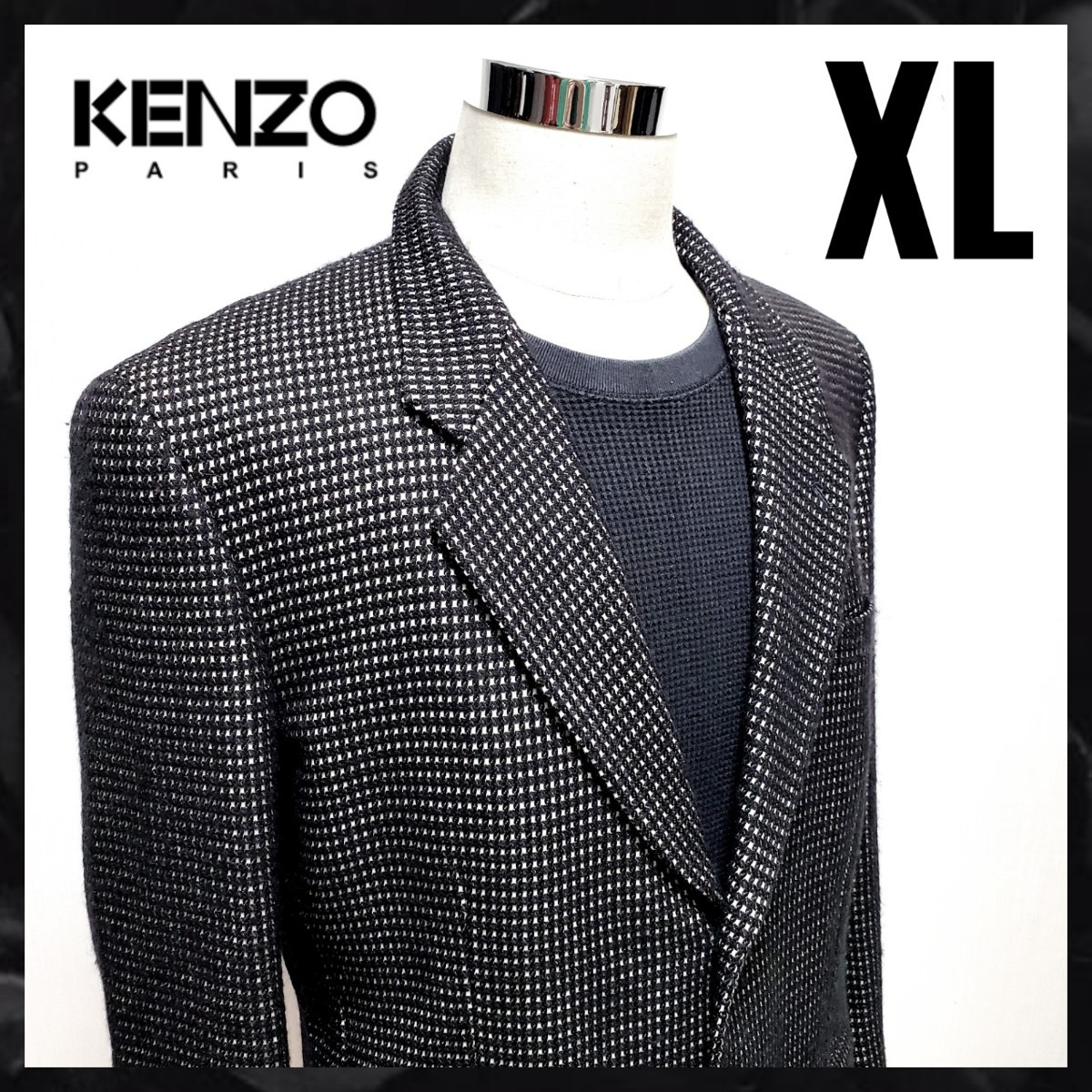 １円　【魅惑の最高級品】KENZO　ケンゾー　テーラードジャケット チェック織り XLサイズ相当　大きめサイズ　KENZOロゴ刺繍 モノトーン 黒_画像2