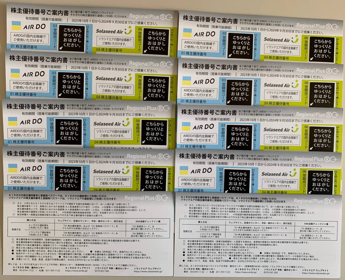 AIRDO(エアドゥ)＋ソラシドエア株主優待券 10枚セット 有効期限2024年9月30日の画像1